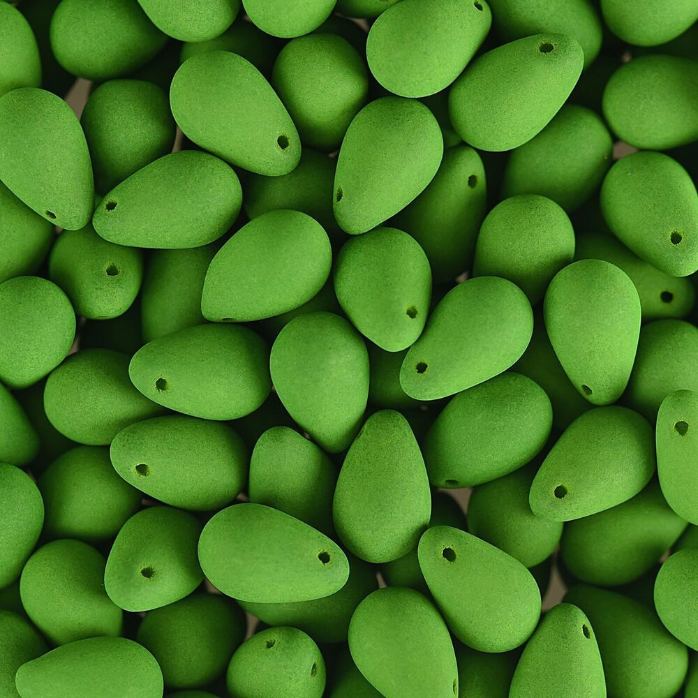 9288 Czech Glass Beads Drop Strand 6x9mm White Alabaster Velvet Green